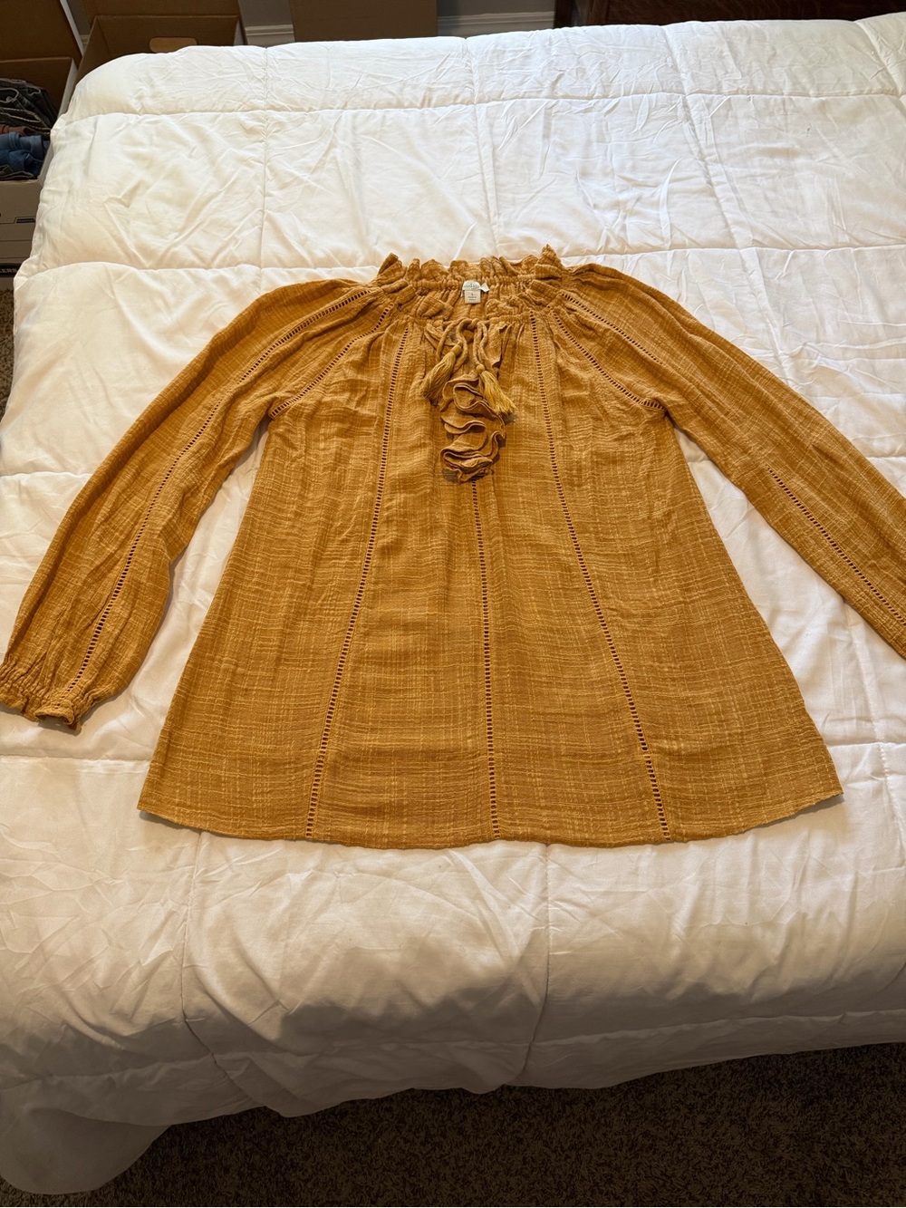Sundance Mustard Ruffle-Tie Peasant Tunic